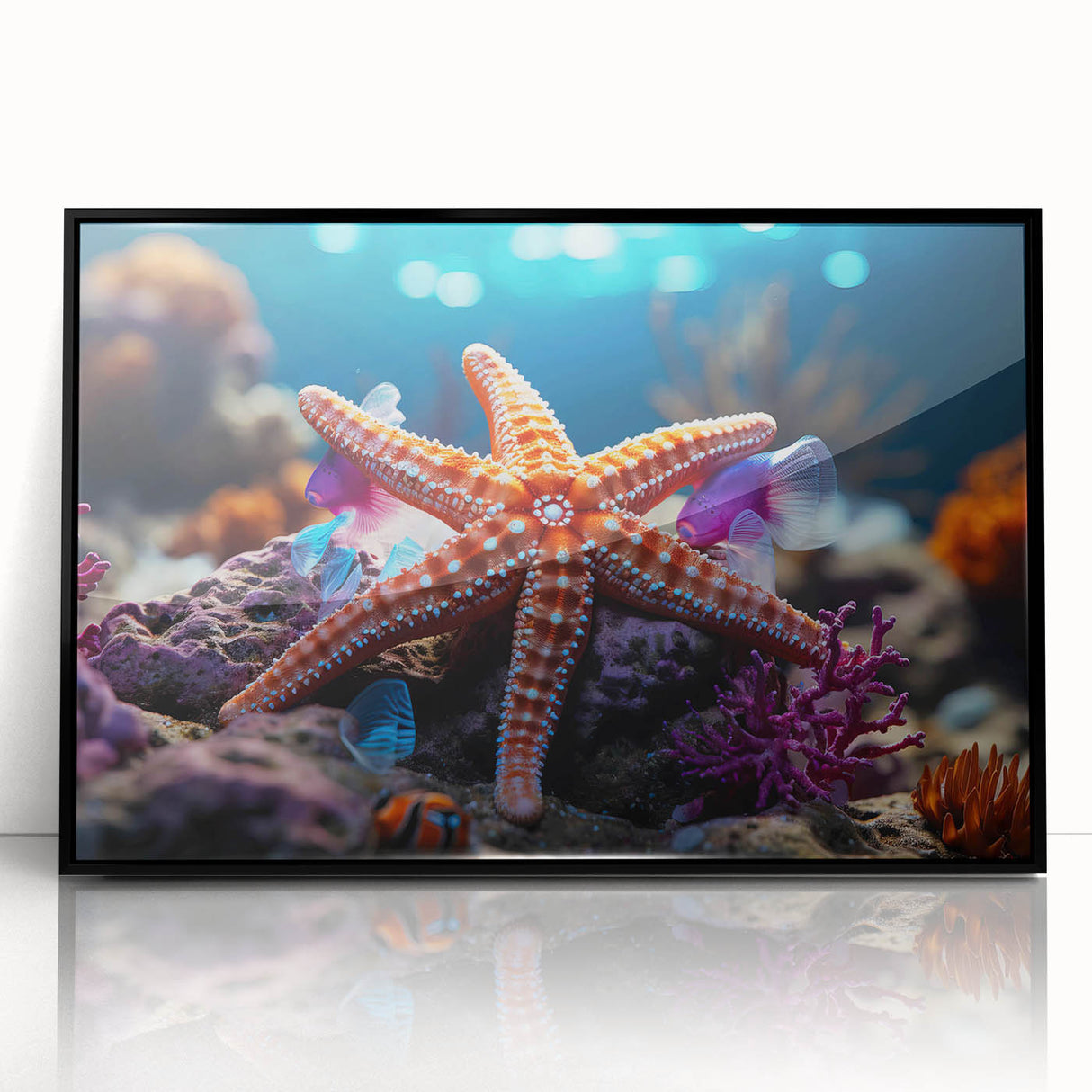 Framed wall art showcasing a vibrant starfish design in marine life theme, featuring a sleek black frame, perfect for ocean-inspired decor in contemporary spaces.