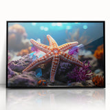Framed wall art showcasing a vibrant starfish design in marine life theme, featuring a sleek black frame, perfect for ocean-inspired decor in contemporary spaces.