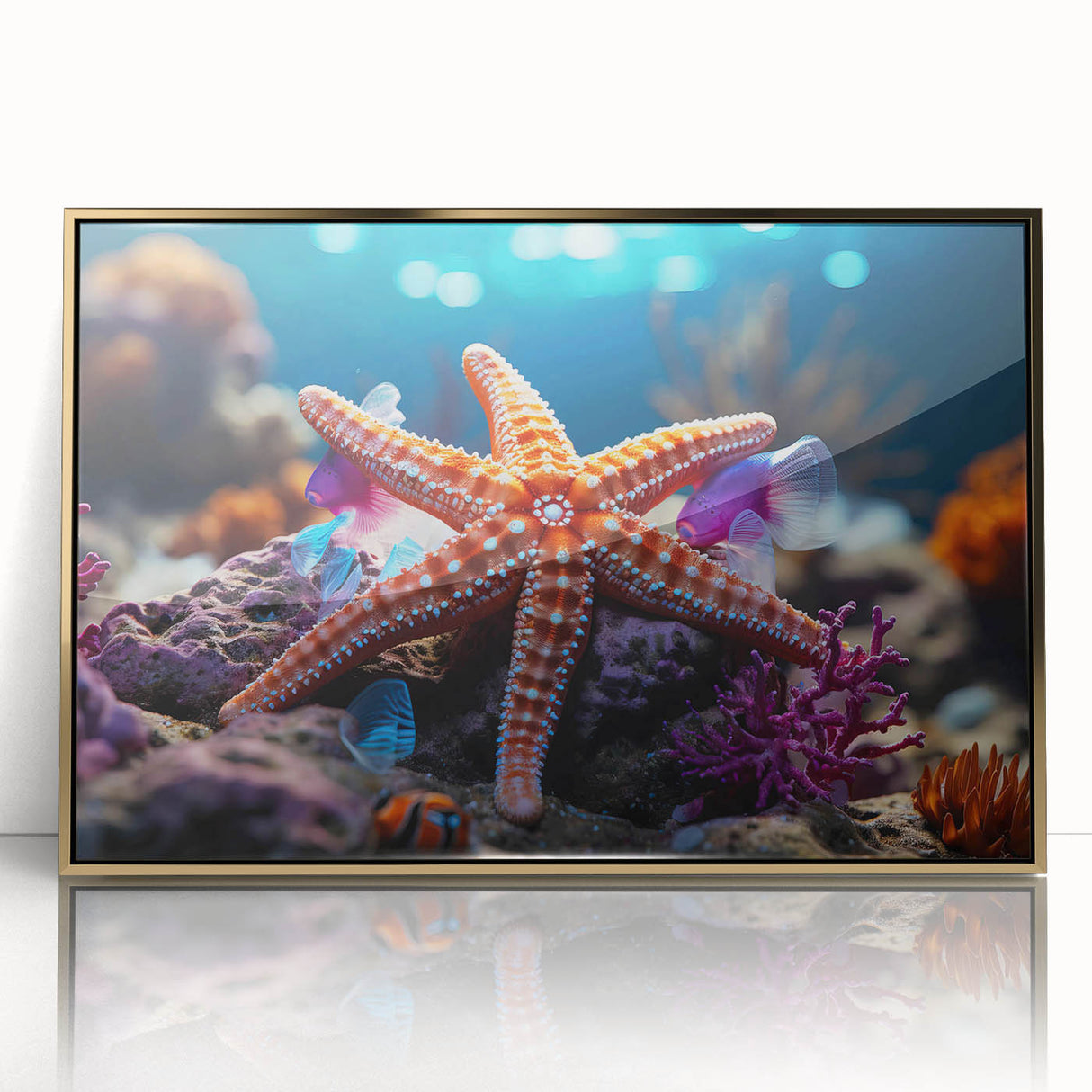 Framed acrylic wall art showcasing a vibrant marine life starfish design with gold accents, perfect for ocean-themed decor and enhancing living spaces.