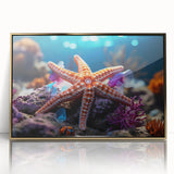 Framed acrylic wall art showcasing a vibrant marine life starfish design with gold accents, perfect for ocean-themed decor and enhancing living spaces.