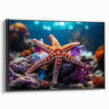 Framed canvas wall art featuring a vibrant starfish design in a marine life theme, showcasing intricate details and a sleek black frame, perfect for coastal decor.