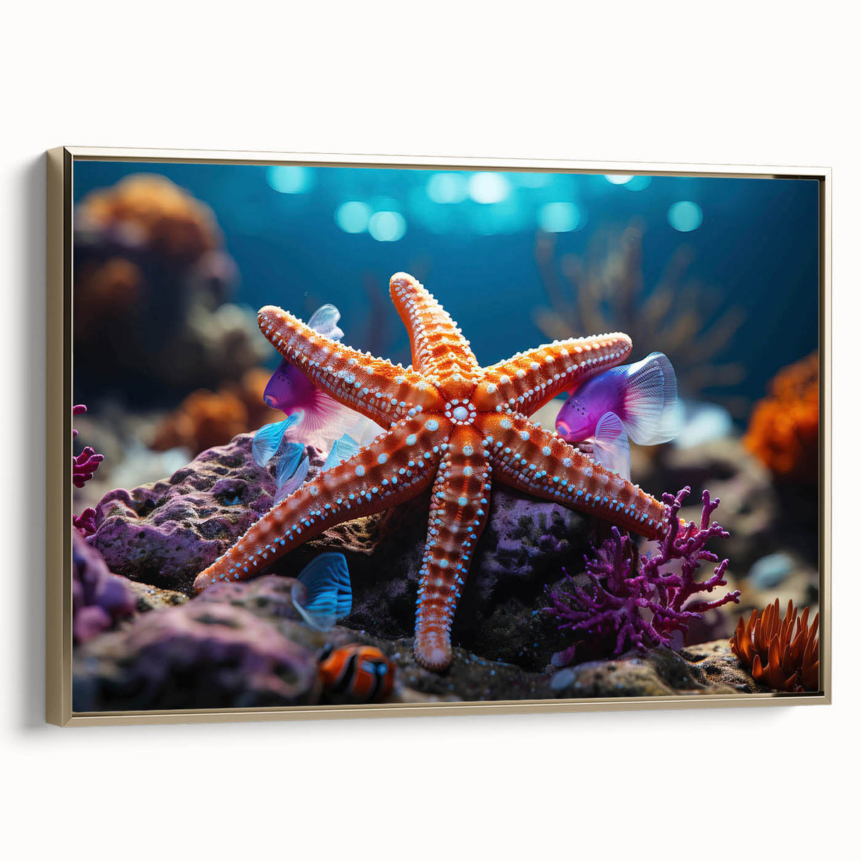 Framed wall art showcasing a vibrant starfish design on canvas, accented with gold tones, perfect for marine-themed decor in coastal settings.