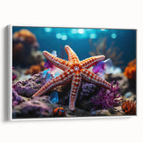 Framed canvas wall art showcasing a vibrant starfish design against a white background, ideal for marine life enthusiasts and coastal-themed decor.