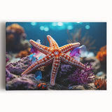 Colorful marine life wall art featuring a starfish design on stretched canvas, showcasing vibrant ocean hues, perfect for beach-themed decor. Ideal for enhancing coastal interiors.