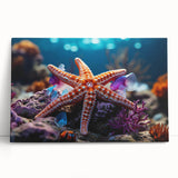 Colorful marine life wall art featuring a starfish design on stretched canvas, showcasing vibrant hues of blue and orange, ideal for coastal home decor.