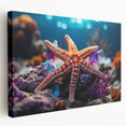 Stretched canvas wall art featuring a vibrant marine life starfish design, showcasing intricate details and colors, perfect for ocean-themed decor in homes and offices.