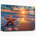 Acrylic glass wall art collection depicting a vibrant marine life starfish design, showcasing intricate details and colors, secured with stylish pins for display.