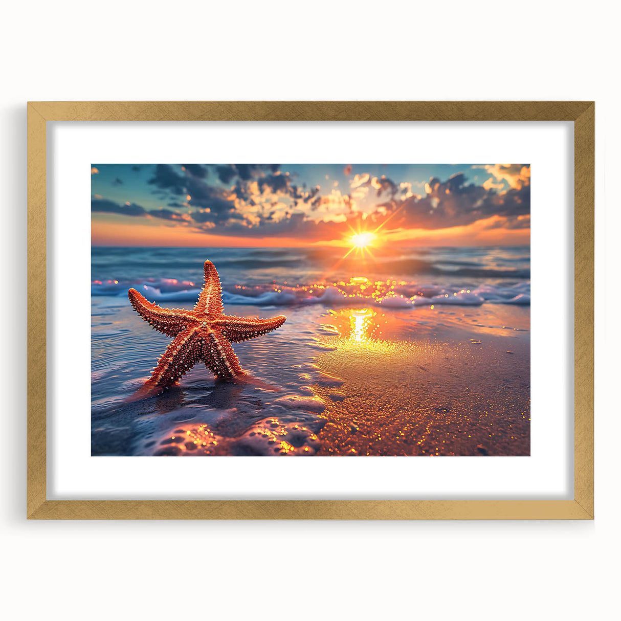 Gold-framed wall art featuring a marine life starfish design, elegantly matted for a sophisticated presentation, perfect for beach-themed decor.