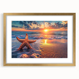 Gold-framed wall art featuring a marine life starfish design, elegantly matted for a sophisticated presentation, perfect for beach-themed decor.