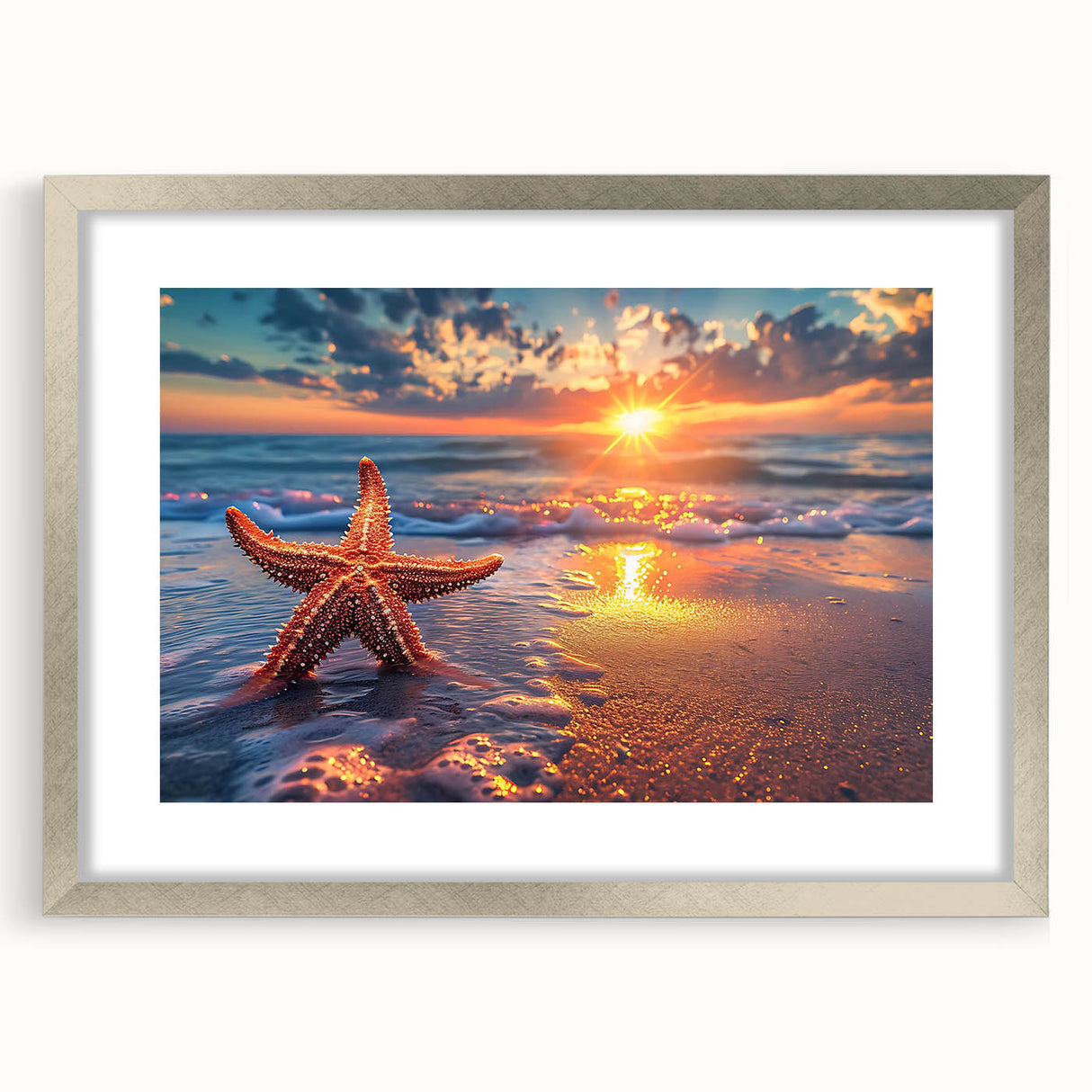 Framed wall art collection featuring a vibrant marine life starfish design, with a sleek silver frame and mat, perfect for coastal decor enthusiasts.