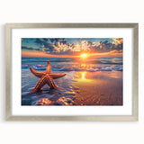 Framed wall art collection featuring a vibrant marine life starfish design, with a sleek silver frame and mat, perfect for coastal decor enthusiasts.