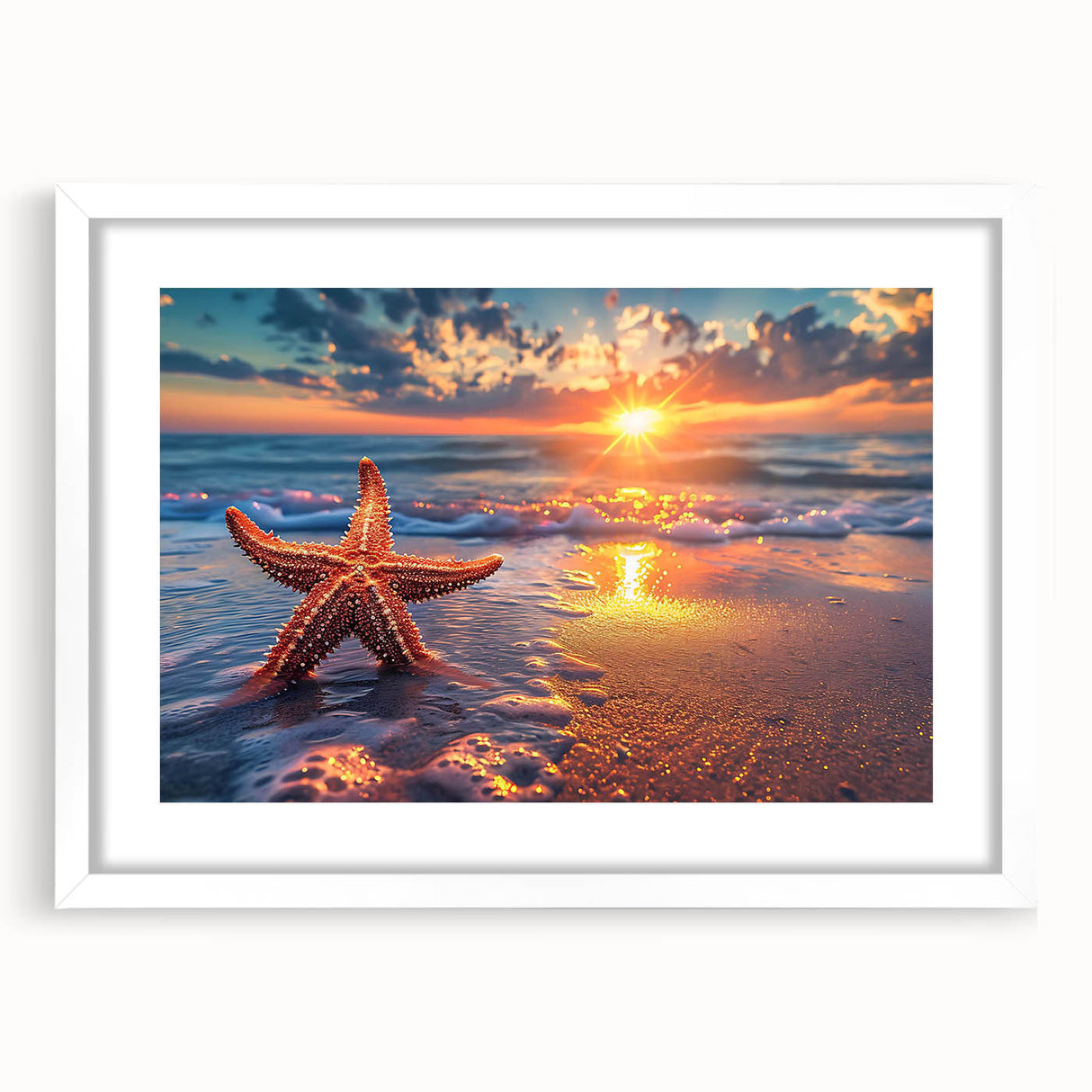 Framed wall art featuring a marine life starfish design, showcasing vibrant colors with a white mat and frame, perfect for coastal-themed decor.