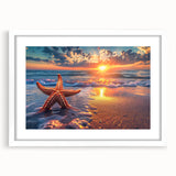 Framed wall art featuring a marine life starfish design, showcasing vibrant colors with a white mat and frame, perfect for coastal-themed decor.