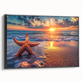 Framed canvas wall art featuring a vibrant starfish design, showcasing intricate marine life details with a black frame, perfect for coastal home decor.