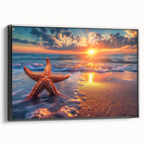 Framed canvas wall art featuring a vibrant starfish design, showcasing intricate marine life details with a black frame, perfect for coastal home decor.