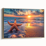 Framed canvas wall art showcasing a vibrant starfish design with intricate details and a gold frame, perfect for marine life enthusiasts and coastal decor.