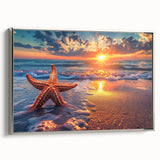 Framed canvas wall art featuring a starfish design in a vibrant marine life theme, showcasing intricate details and a sleek silver frame, perfect for coastal decor.