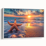 Framed wall art featuring a vibrant starfish design, showcasing marine life in vivid colors, set against a white background. Perfect for coastal home decor.