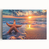 Colorful starfish wall art design on stretched canvas, showcasing vibrant marine life in a coastal setting. Perfect for beach-themed home decor.