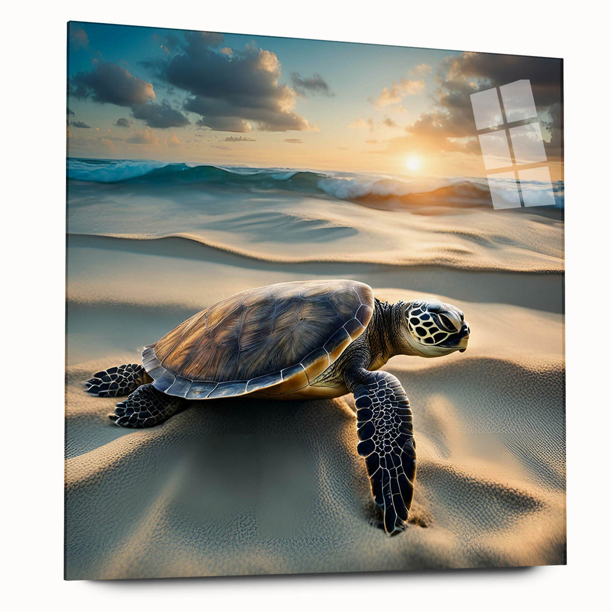 Side view of a marine life turtle design wall art collection, showcasing vibrant colors on acrylic glass, ideal for ocean-themed decor. Perfect for enhancing living spaces with an aquatic touch.