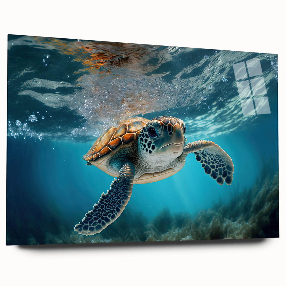 Acrylic wall art showcasing a vibrant marine life turtle design, displayed from the side to highlight its detailed craftsmanship, perfect for ocean-themed decor.