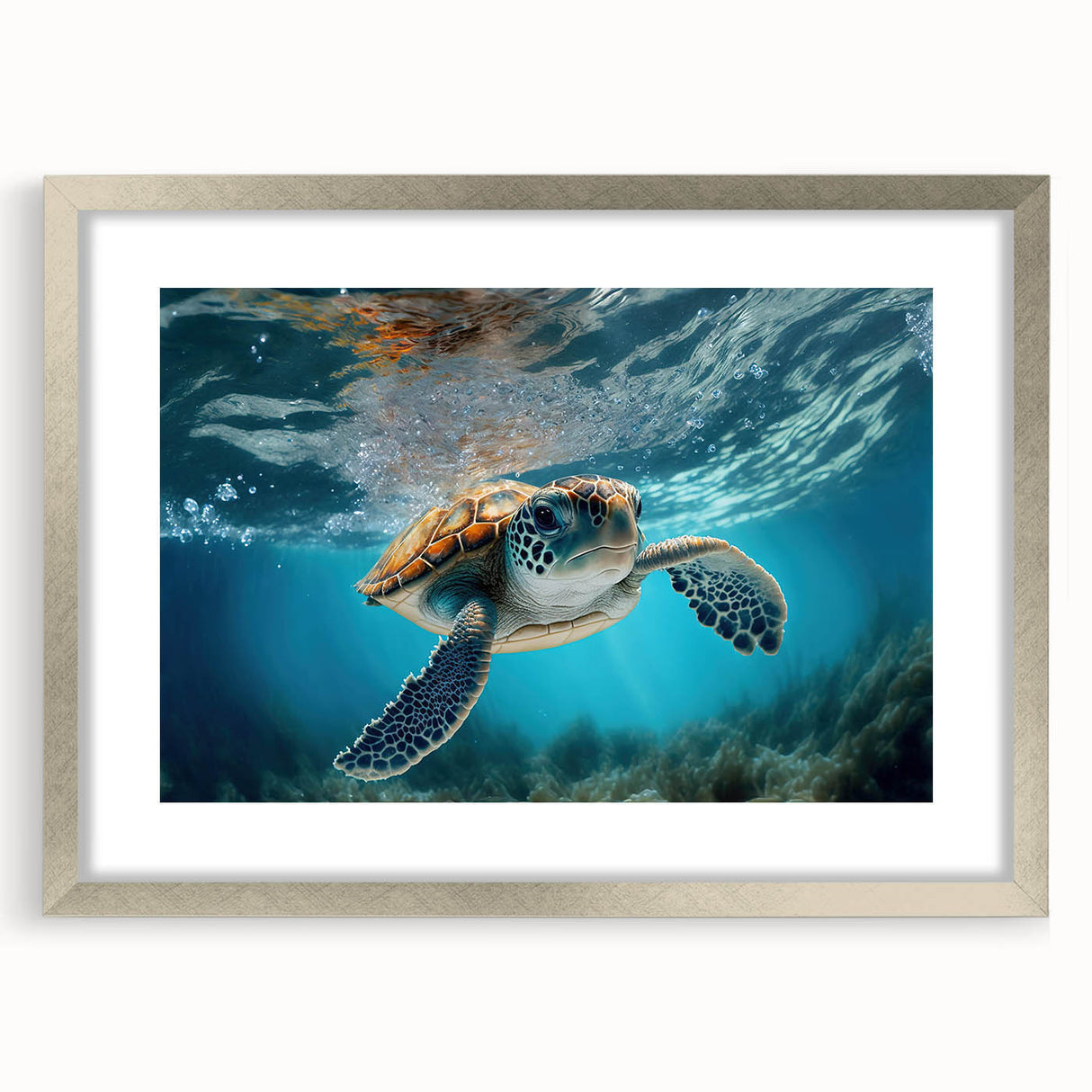 Framed wall art displaying a vibrant marine life design featuring a turtle, set in a sleek silver frame with a mat, perfect for ocean-themed decor.