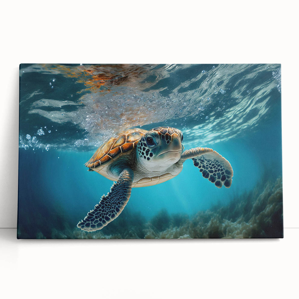 Stretched canvas wall art showcasing a vibrant marine life design with a turtle, perfect for coastal-themed decor. Ideal for living rooms or nurseries.