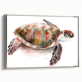Framed wall art featuring a detailed marine life turtle design on a textured canvas, showcasing vibrant colors and silver accents, ideal for coastal decor.
