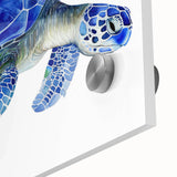 Close-up of an elegant marine life wall art piece featuring a vibrant turtle design on acrylic glass, showcasing intricate details and vivid colors, perfect for aquatic-themed decor.