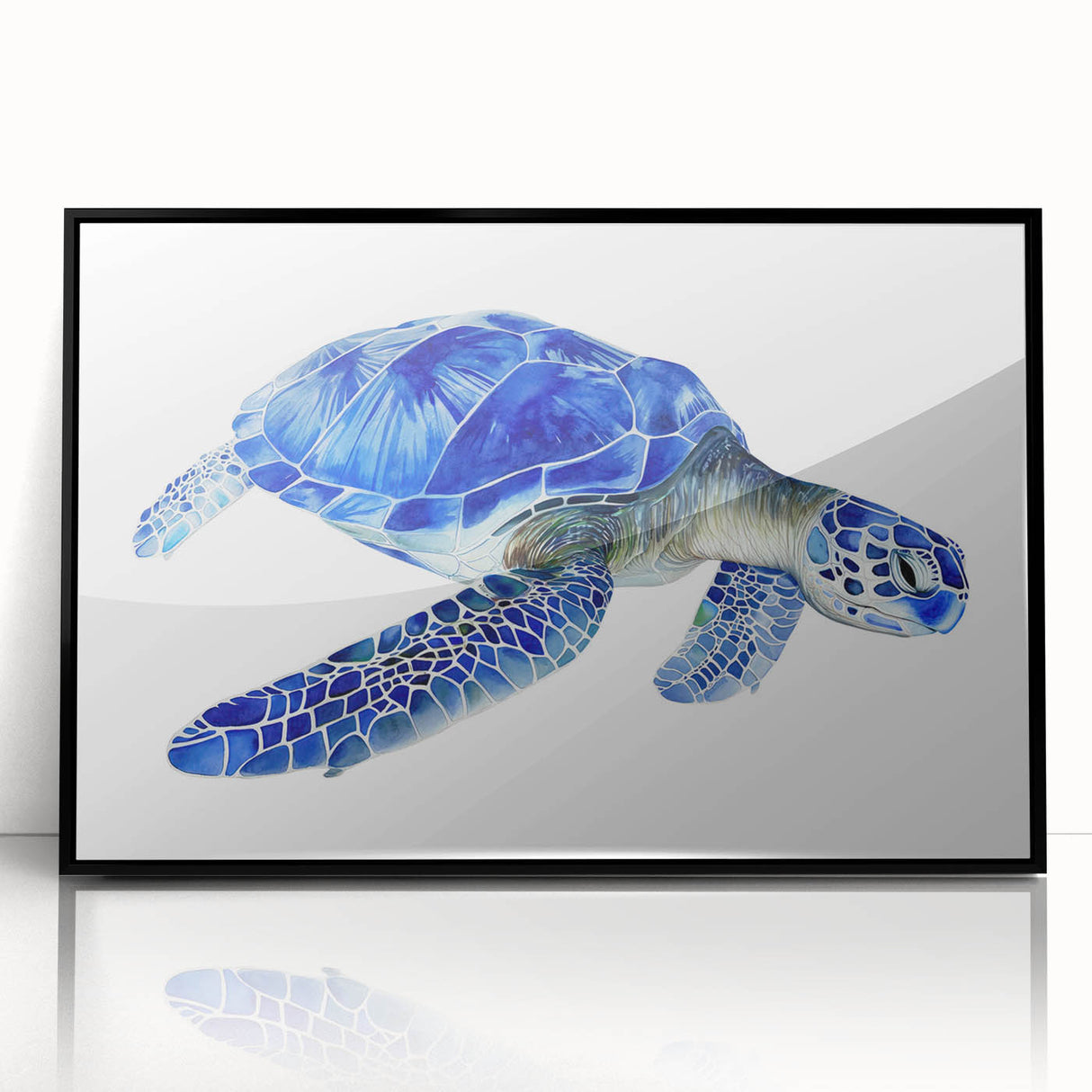 Framed wall art featuring a vibrant marine life design with a turtle, set in a sleek black frame. Ideal for ocean-themed decor, adding a touch of nature to any space.