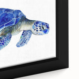 Close-up of a vibrant marine life wall art piece featuring a detailed turtle design on framed canvas, showcasing rich colors and intricate textures, perfect for ocean-themed decor.