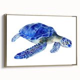 Framed canvas wall art showcasing a vibrant turtle design against a gold background, highlighting marine life elements. Perfect for ocean-themed decor.