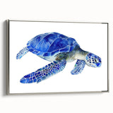 Framed canvas wall art showcasing a detailed marine life turtle design in vibrant colors, highlighted by a sleek silver frame, perfect for ocean-themed decor.