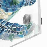 Close-up of a vibrant marine life wall art design featuring a colorful turtle, printed on acrylic glass, showcasing intricate details and textures ideal for ocean-themed decor.