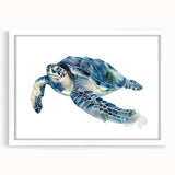 Elegant wall art showcasing a marine life design featuring a turtle, framed in white with a mat, perfect for coastal-themed decor. Ideal for ocean lovers.
