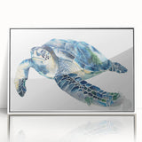 Framed wall art showcasing a marine life design featuring a serene turtle in vibrant colors, set against a white background, perfect for ocean-themed decor.