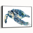 Framed canvas wall art featuring a vibrant marine life design, showcasing a turtle in rich colors with a black frame, perfect for ocean-themed decor.