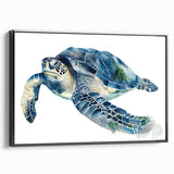 Framed canvas wall art featuring a vibrant marine life design, showcasing a turtle in rich colors with a black frame, perfect for ocean-themed decor.