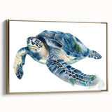 Framed wall art featuring a marine life design with a turtle, showcased in a stylish gold frame, ideal for ocean-themed decor. Perfect for enhancing home aesthetics.