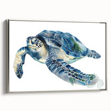 Framed wall art featuring a silver side view of a marine life turtle design, showcasing vibrant colors and intricate details, perfect for ocean-themed decor.
