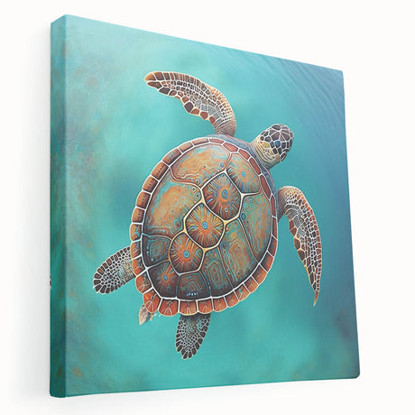 Stretched canvas wall art depicting a vibrant marine life design featuring a sea turtle, showcasing bright blues and greens, ideal for ocean-themed decor.