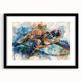 Marine life wall art featuring a black-framed turtle design, complete with a mat, showcases vibrant colors and intricate details, perfect for ocean-themed decor.