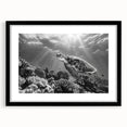Black-framed wall art featuring a colorful marine life design with a turtle, showcasing vibrant blues and greens, perfect for ocean-themed decor.