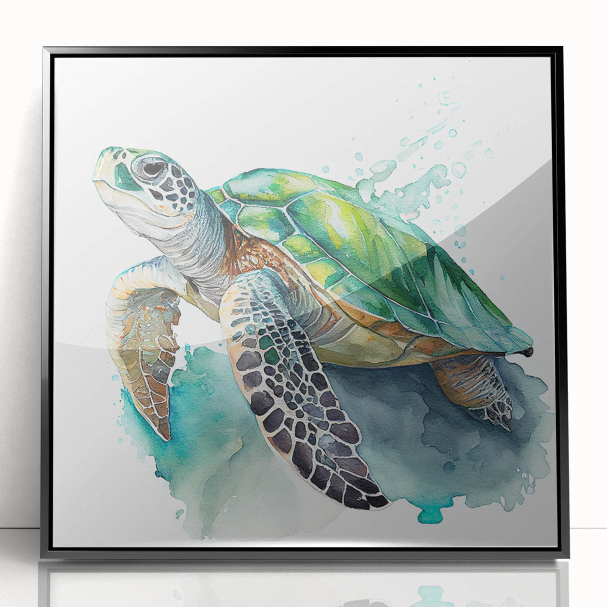Framed acrylic wall art featuring a vibrant marine life turtle design, set against a sleek black frame, perfect for ocean-themed décor and nature enthusiasts.