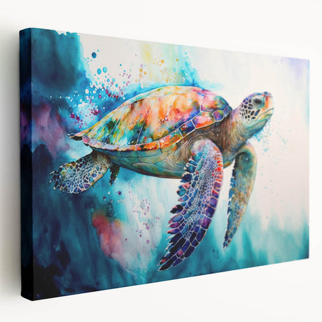 Stretched canvas wall art showcasing a vibrant marine life design featuring a sea turtle, ideal for ocean-themed decor, highlighting intricate details and colors.