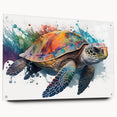 Side view of a marine life-themed wall art collection featuring a turtle design, crafted from acrylic glass, showcasing vibrant colors and intricate details, mounted with pins for display.