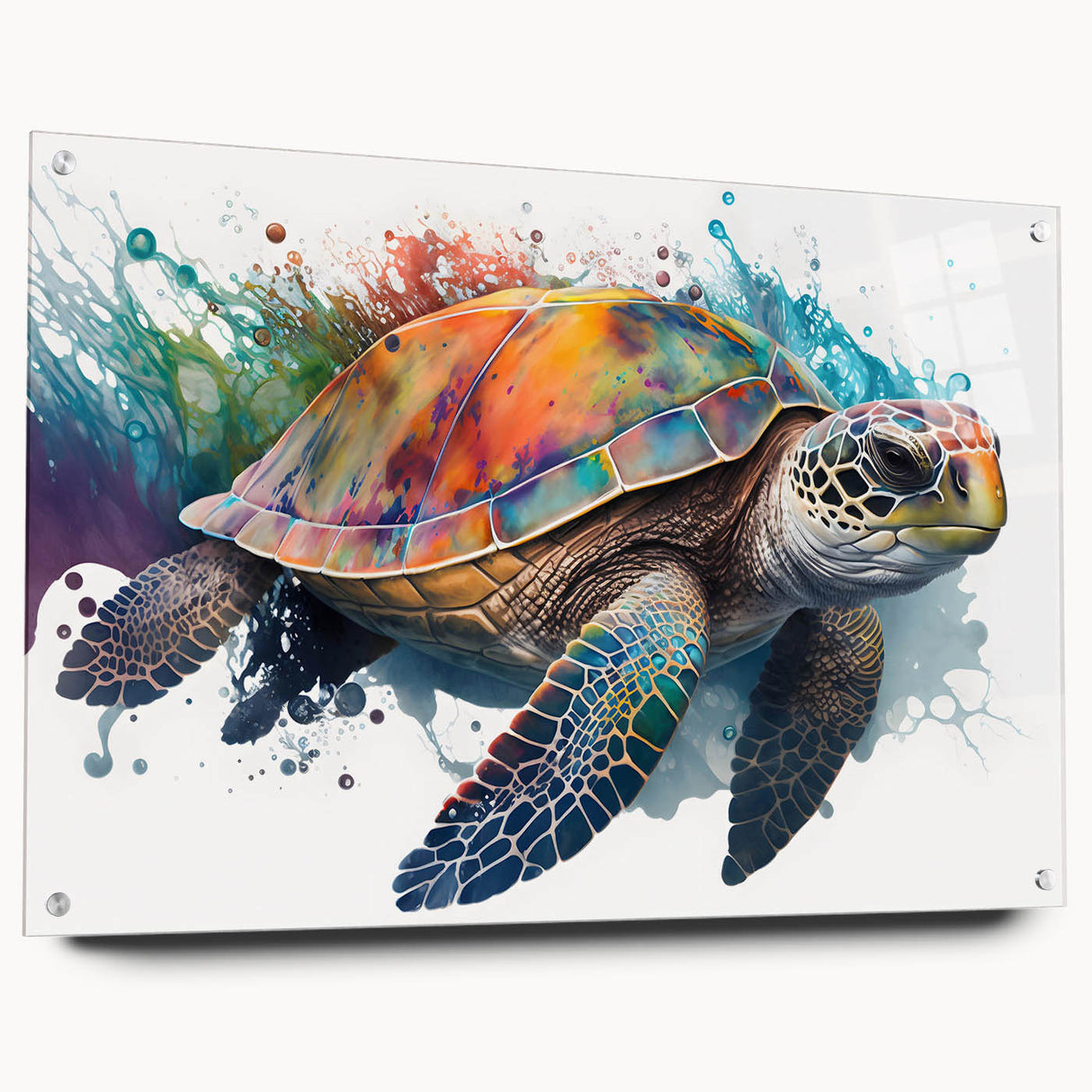 Side view of a marine life-themed wall art collection featuring a turtle design, crafted from acrylic glass, showcasing vibrant colors and intricate details, mounted with pins for display.