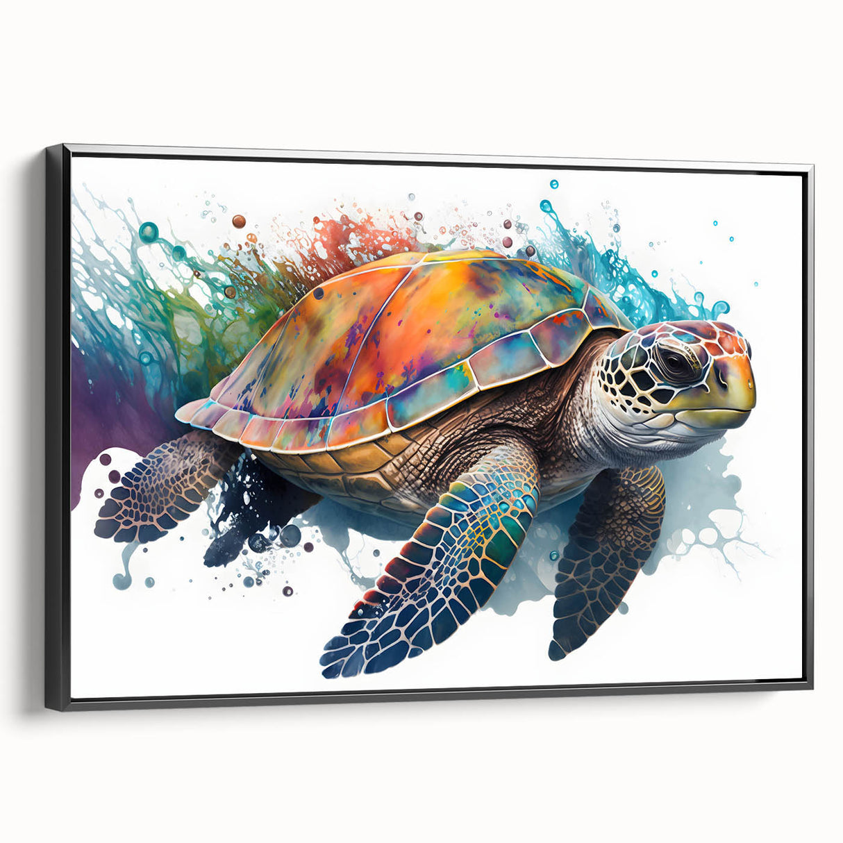Framed wall art piece featuring a vibrant marine life design with a turtle, showcasing intricate details and a sleek black frame, perfect for ocean-themed decor.