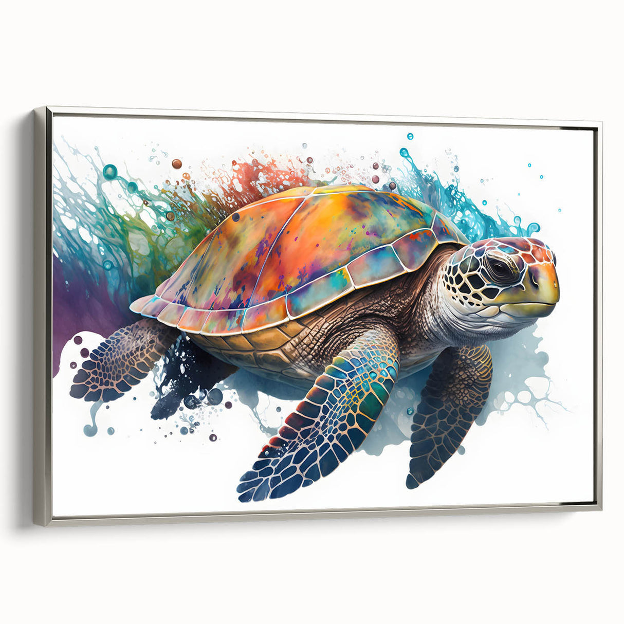 Framed canvas wall art featuring a detailed marine life design of a turtle, showcasing vibrant colors and intricate patterns, perfect for ocean-themed decor.