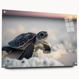Side view of a marine life-themed wall art piece featuring a turtle design, crafted from acrylic glass and elegantly mounted with pins, ideal for oceanic decor.